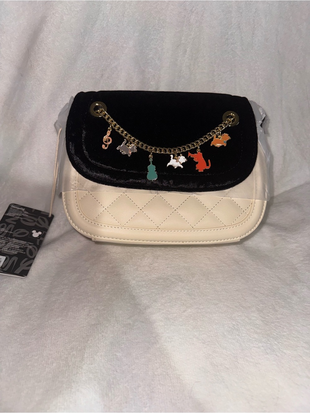 Loungefly Black and Cream Quilted Crossbody with Charm Chain